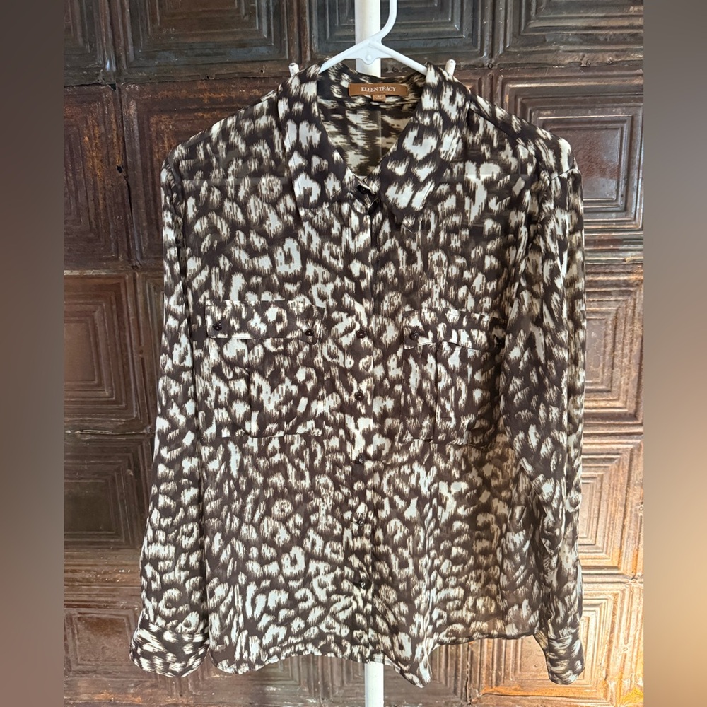 Ellen Tracy Brown and White sheer Button Down Shirt